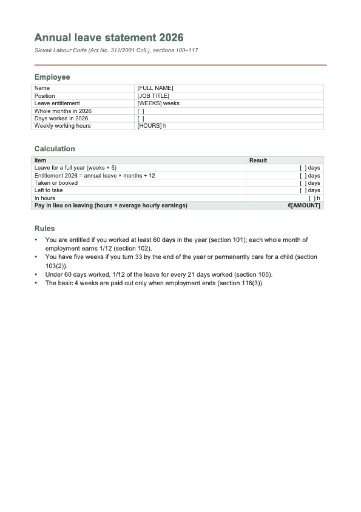 Annual leave calculator, Slovakia 2026: first page