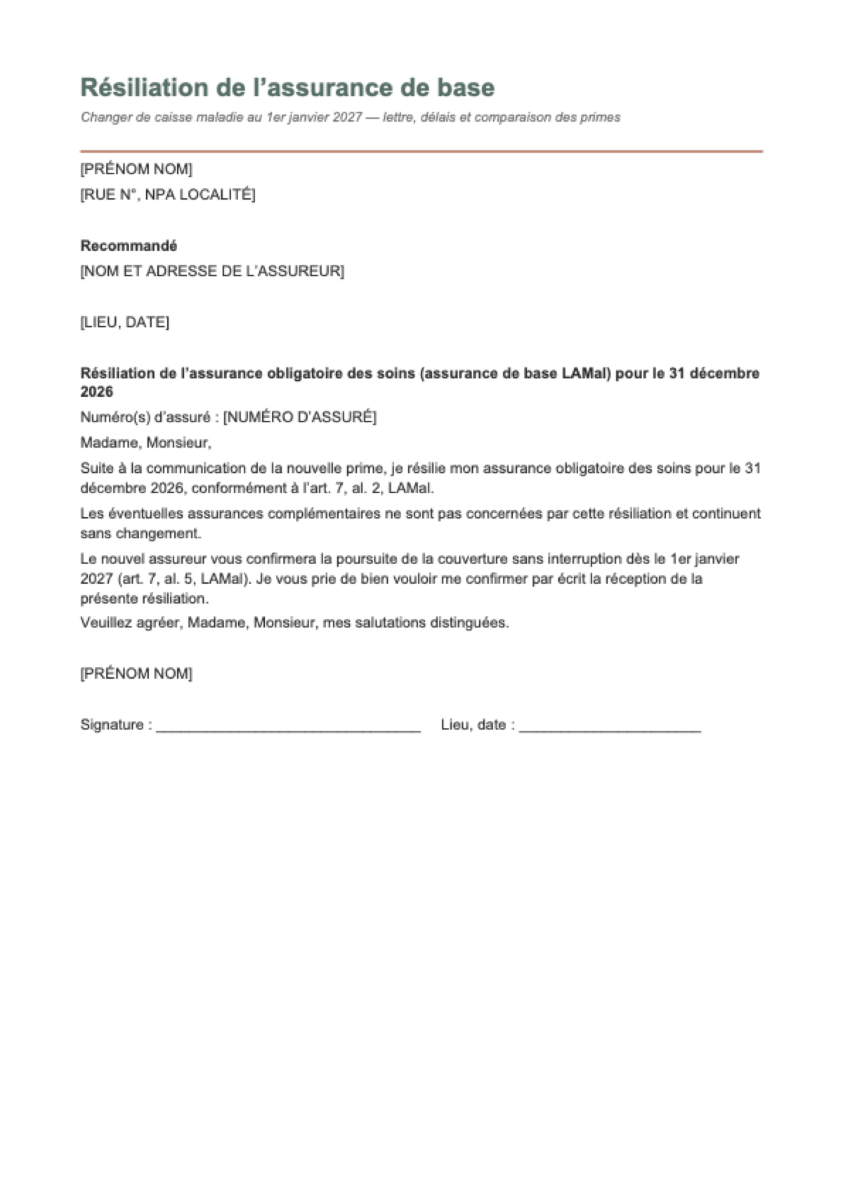 Résiliation assurance maladie — lettre type: first page