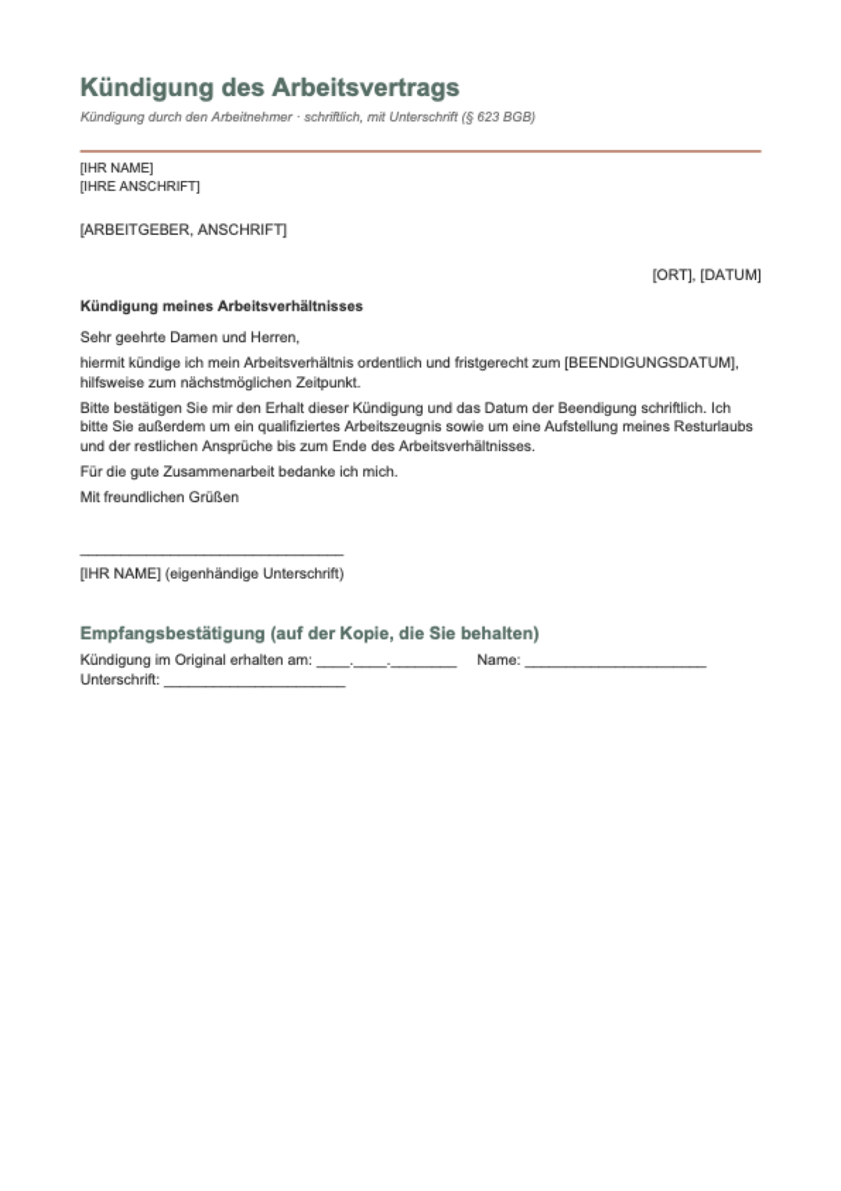 Kündigung Arbeitsvertrag Vorlage: first page