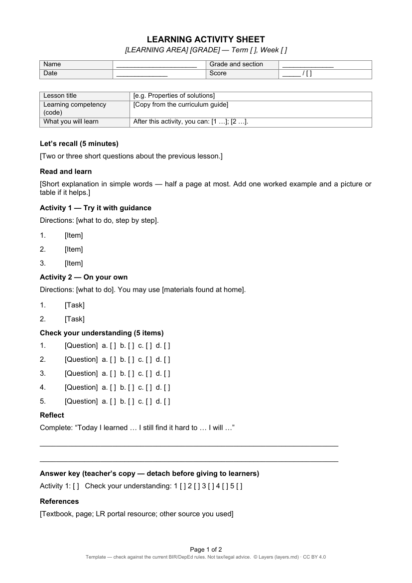 Learning activity sheet: first page
