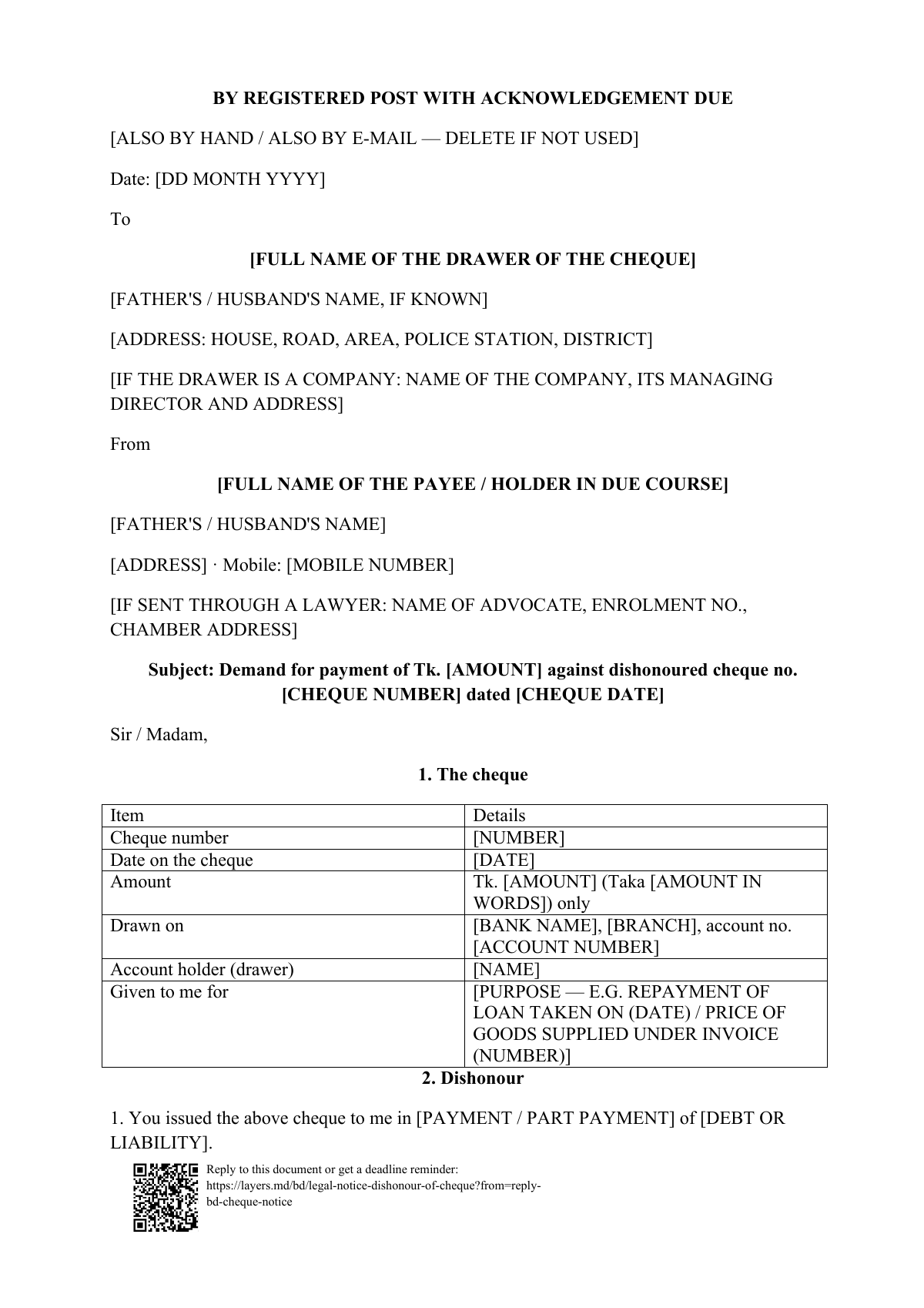 Cheque returned unpaid?: first page
