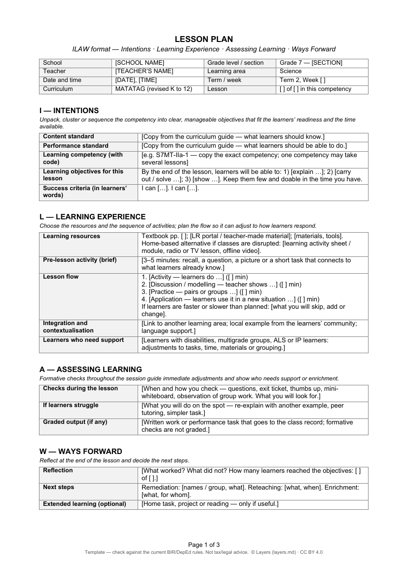Lesson plan — ILAW format: first page