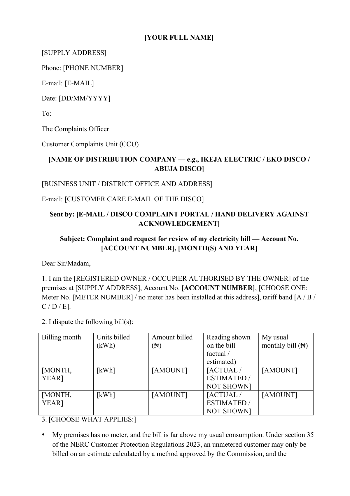 Letter of complaint for a high electricity bill: first page