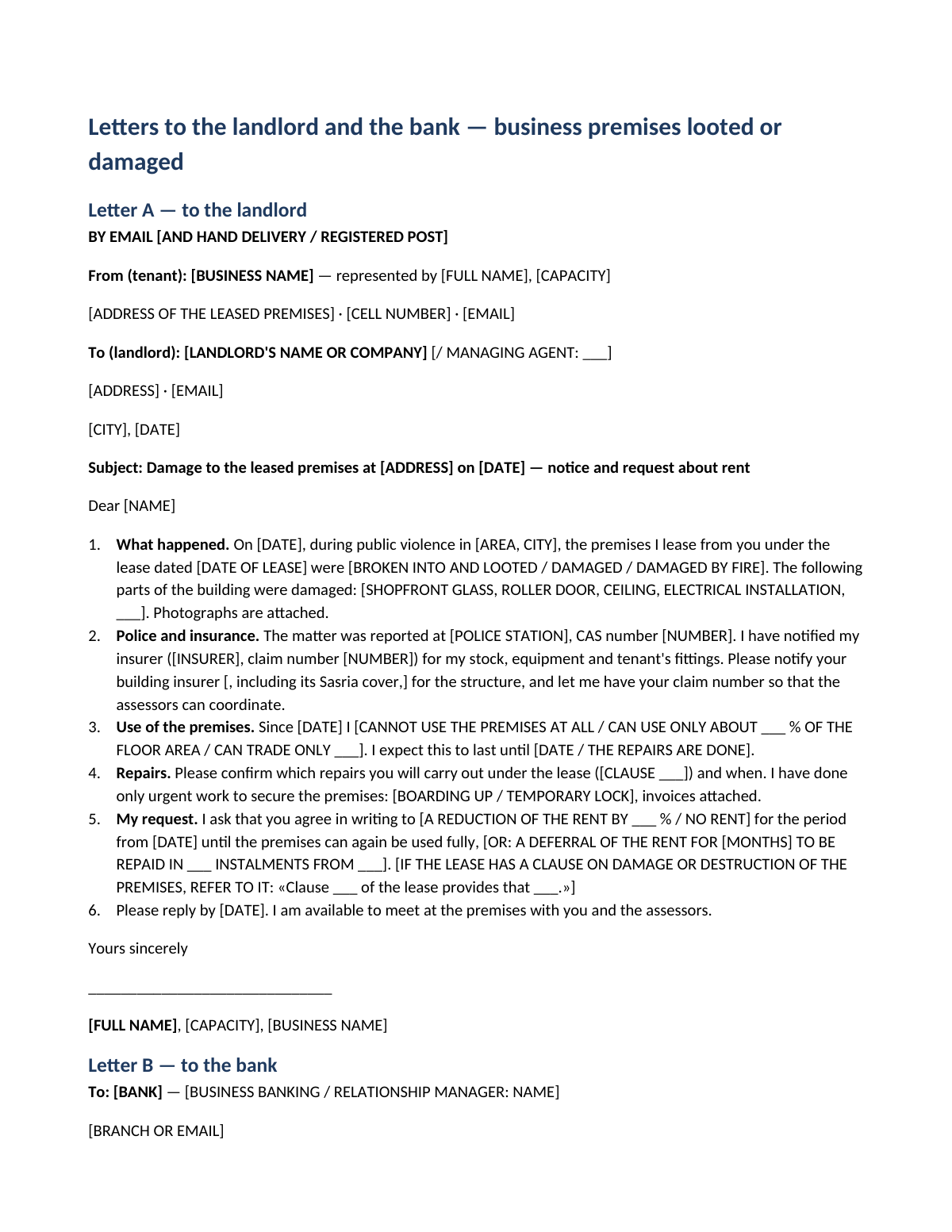 Rent and loans after the damage: first page