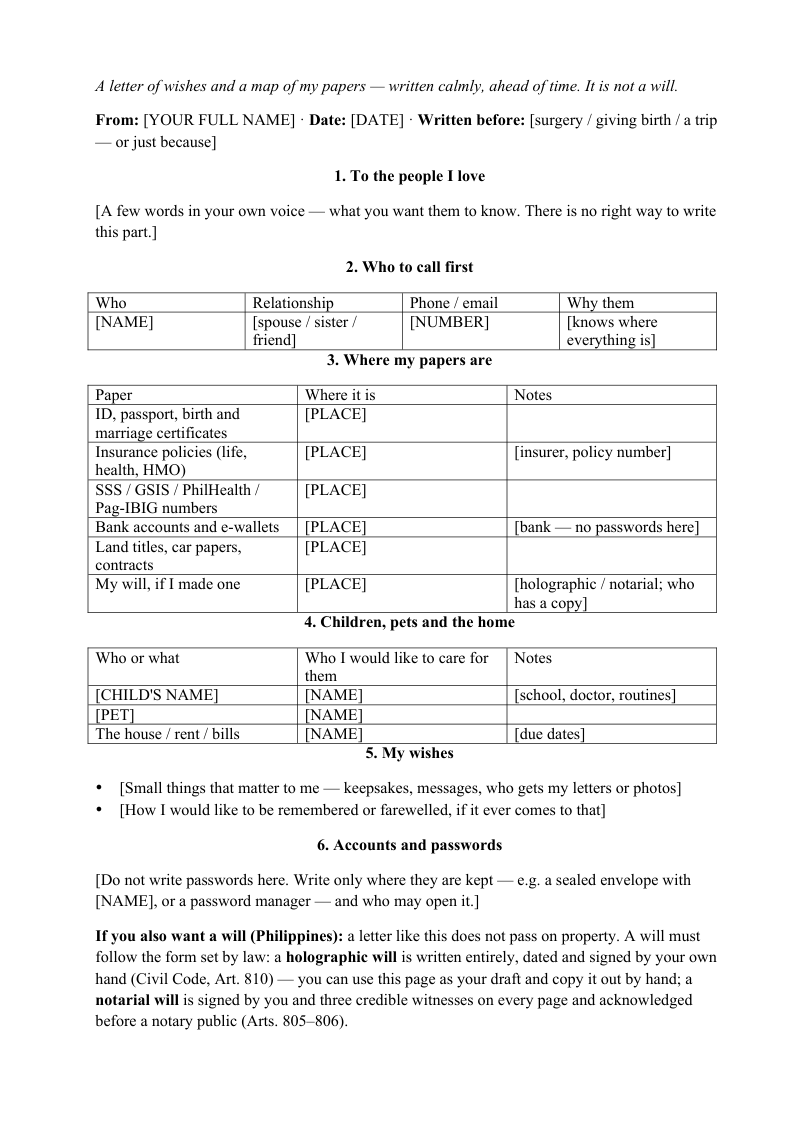 A letter to your family before surgery: first page