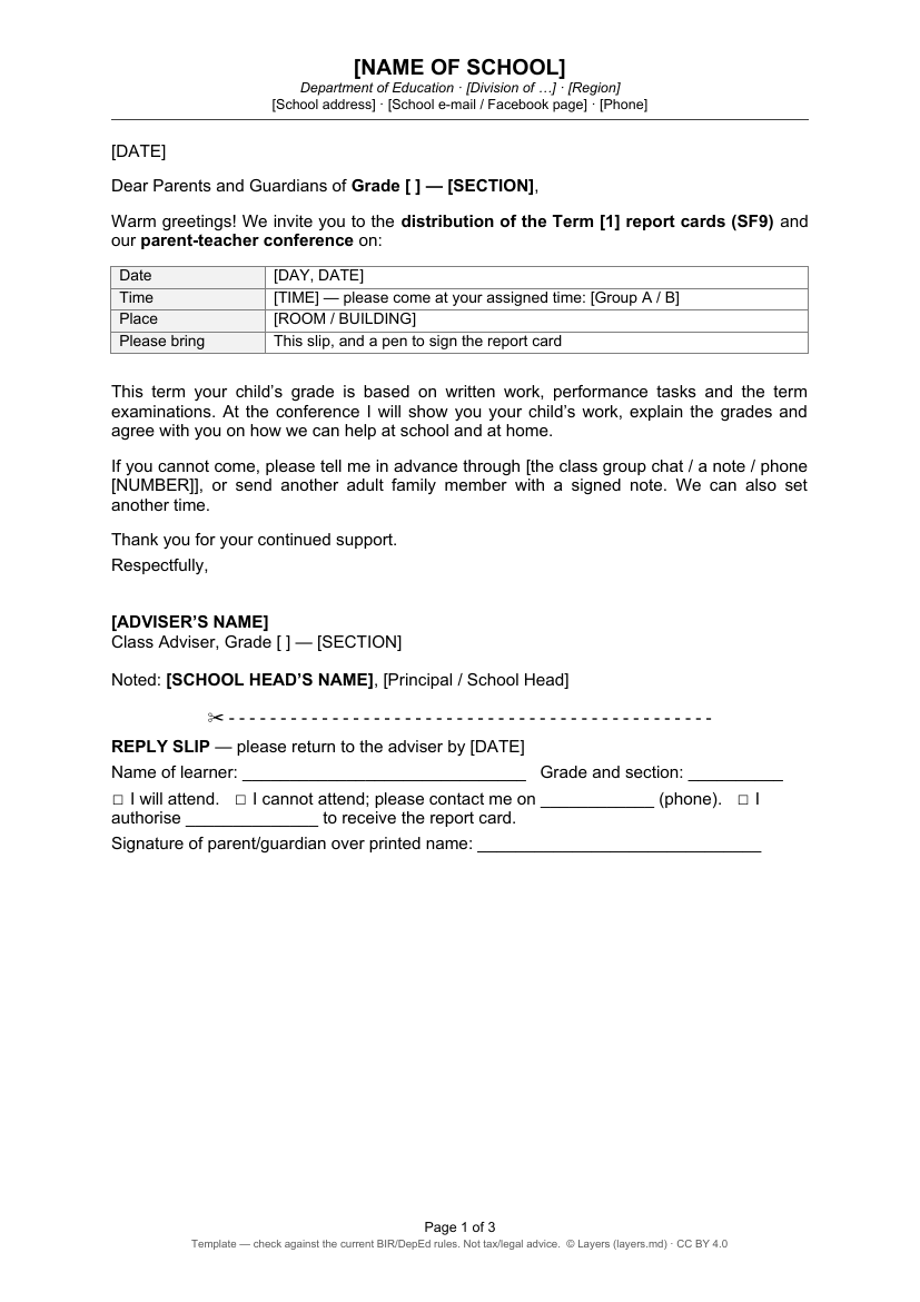 Letter to parents — report card day: first page