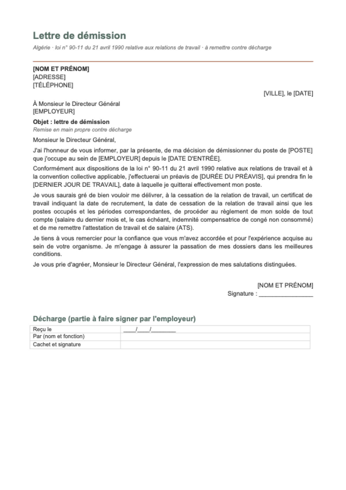 Lettre de démission Algérie: first page