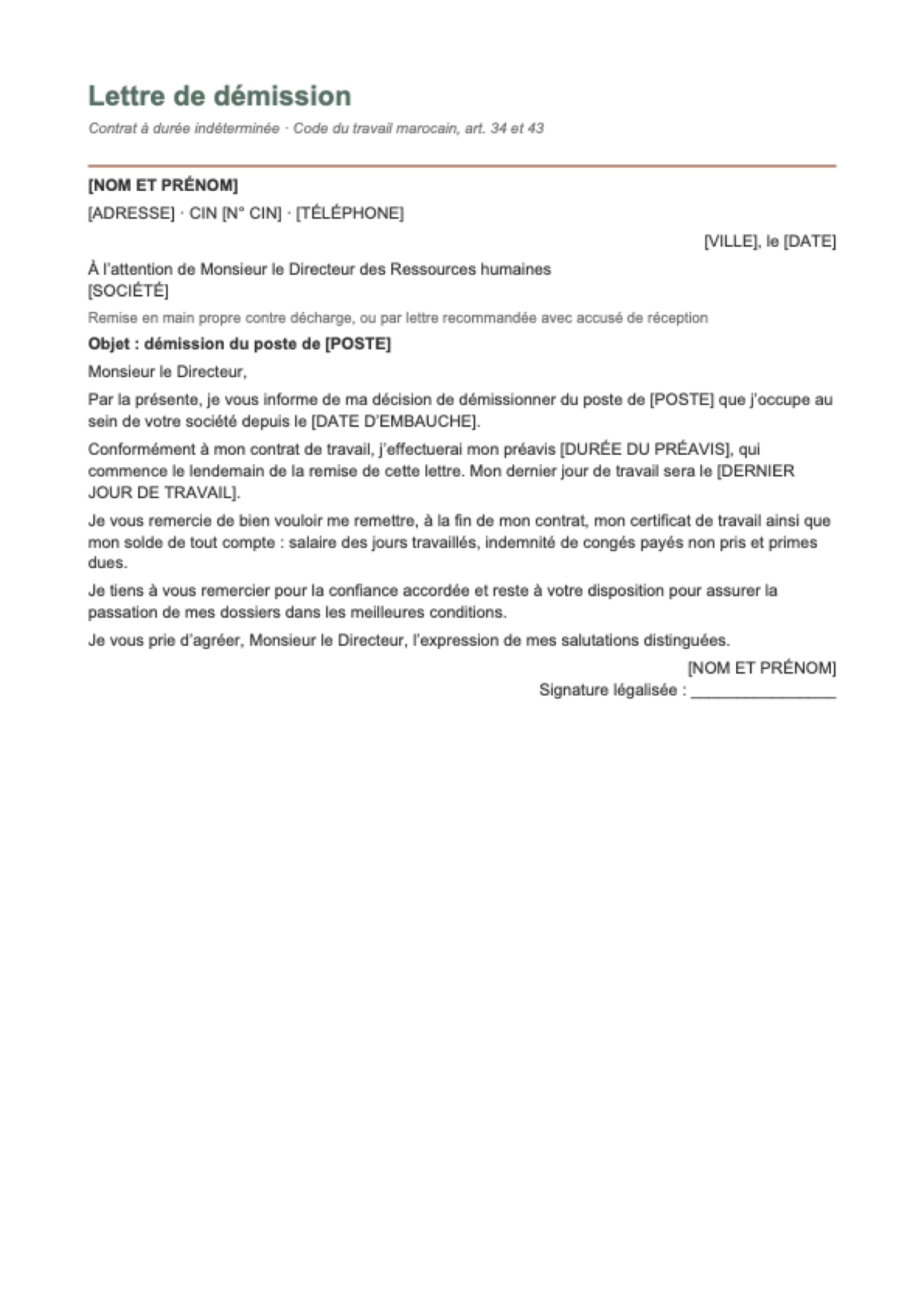 Lettre de démission Maroc: first page