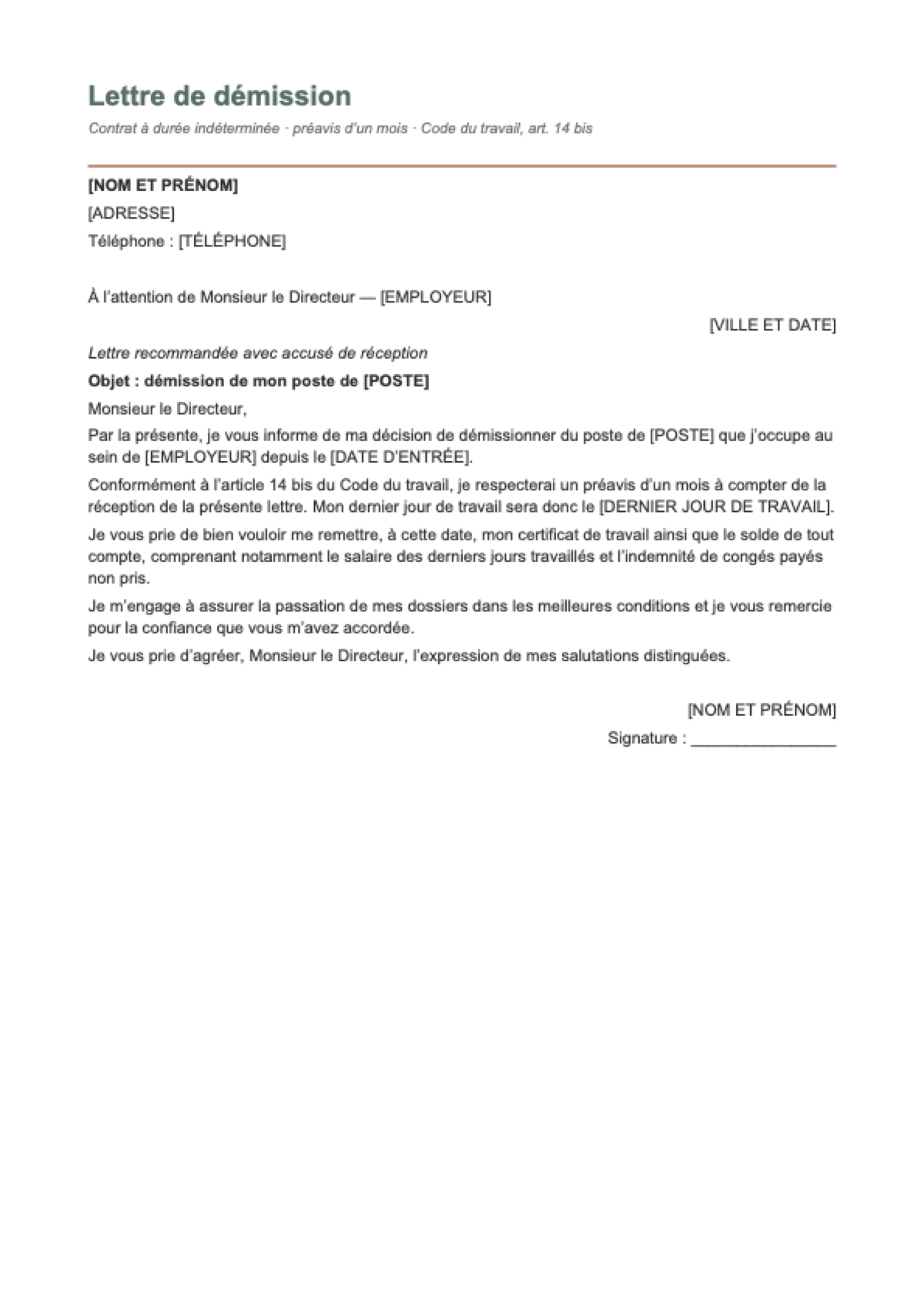 Lettre de démission Tunisie: first page