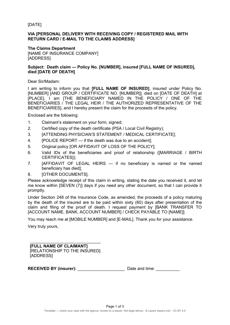 Life insurance death claim letter: first page