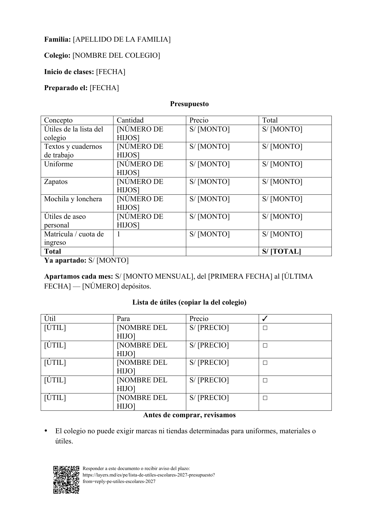 Lista de útiles escolares: first page