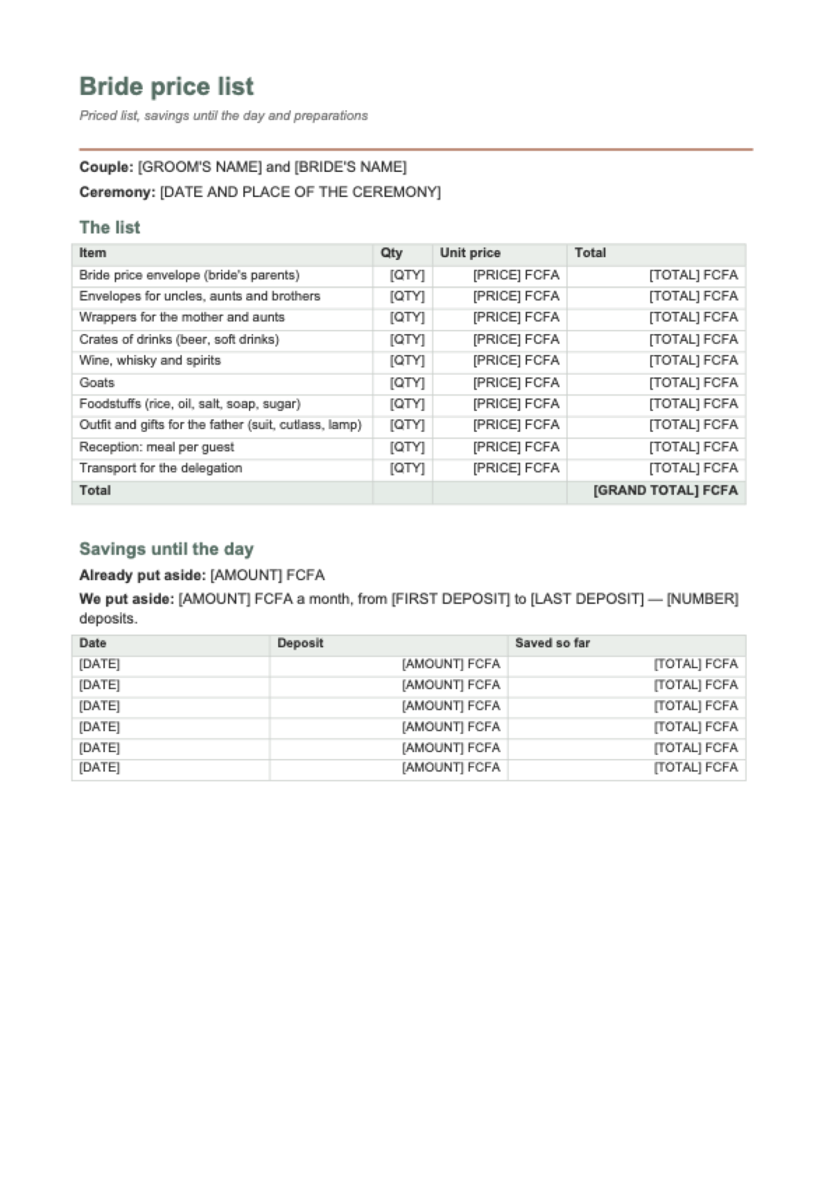Bride price list in Cameroon: first page