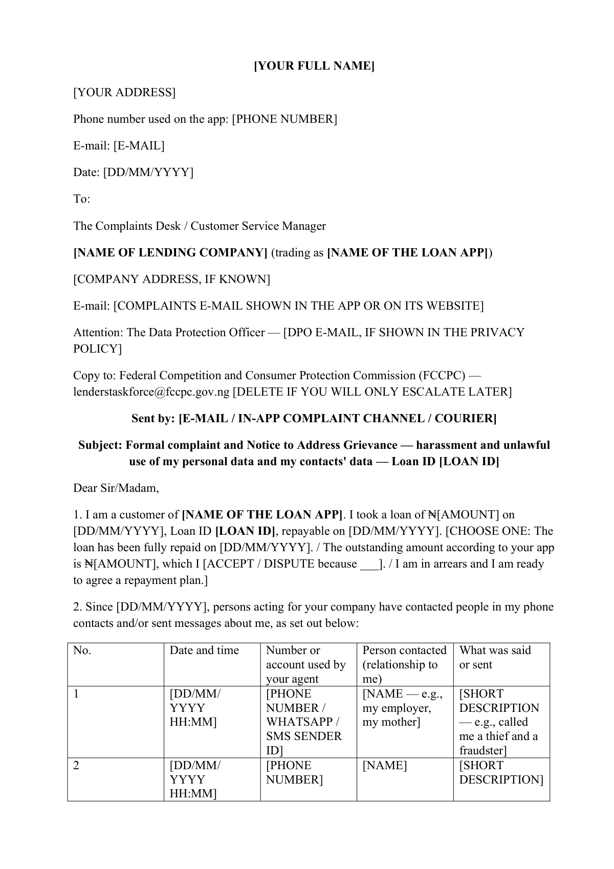 Loan app harassment complaint letter: first page