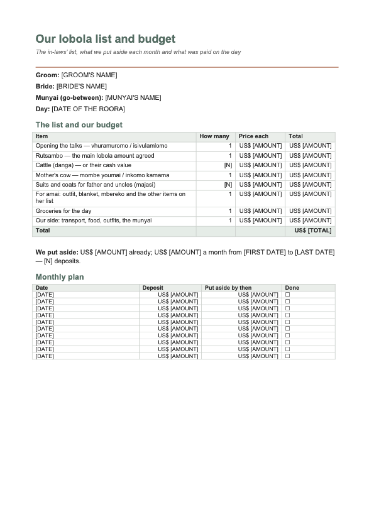 Lobola list in Zimbabwe: first page