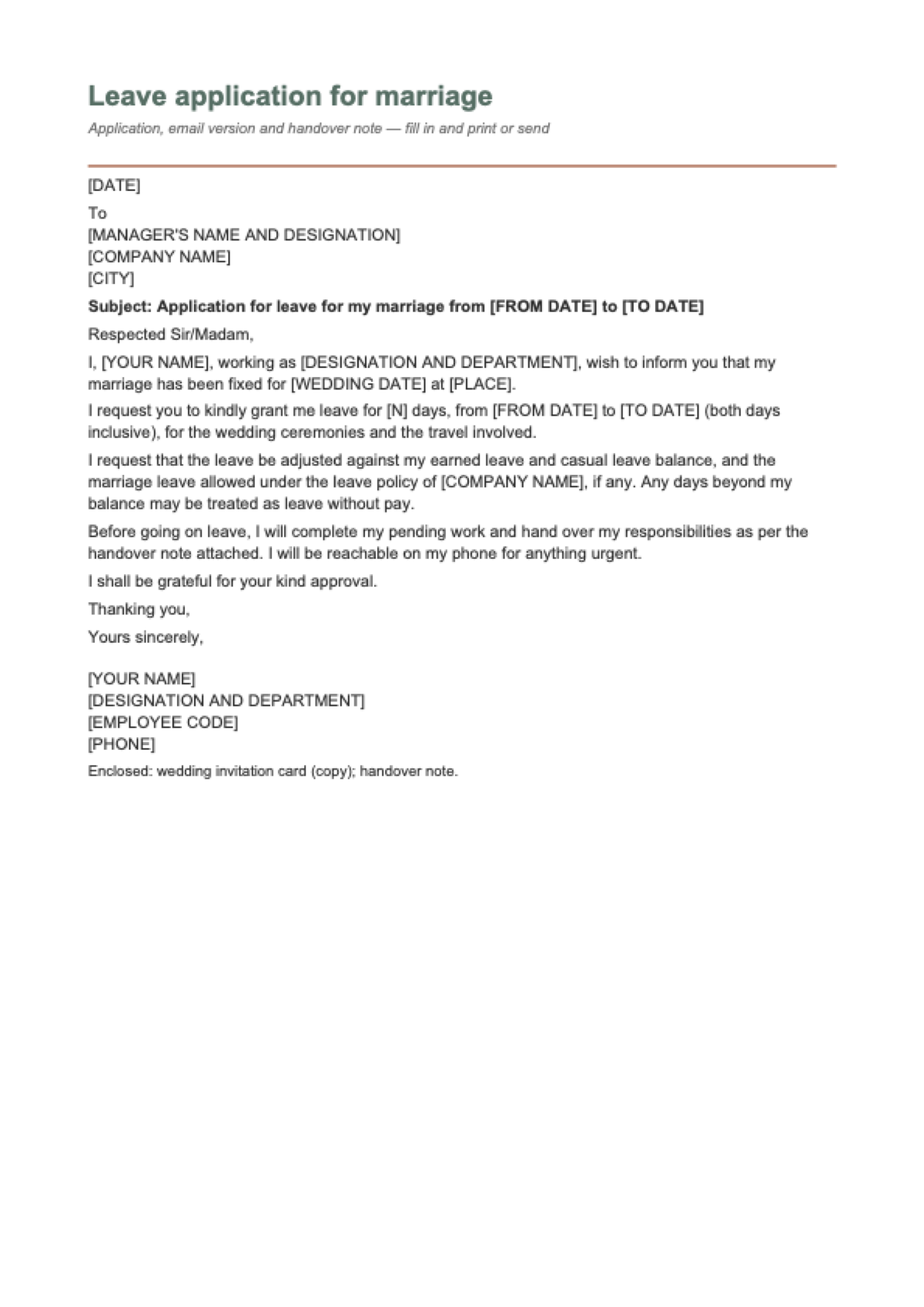 Leave application for marriage: first page
