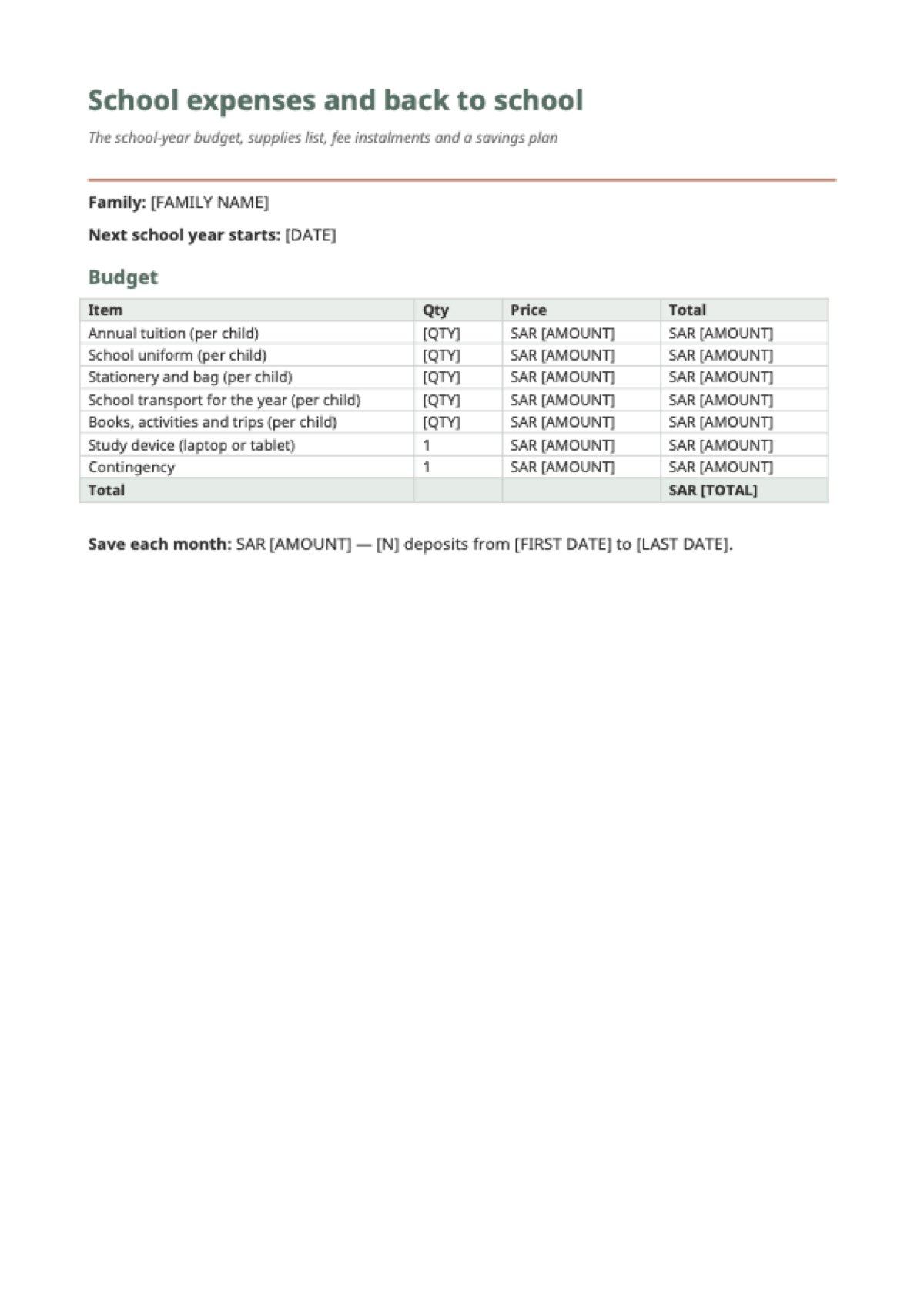 School fees budget for Saudi Arabia: first page