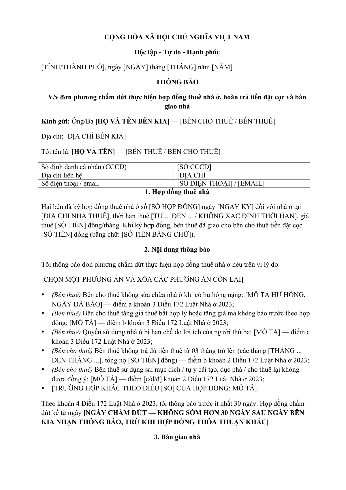 Mẫu thông báo chấm dứt hợp đồng thuê nhà: first page