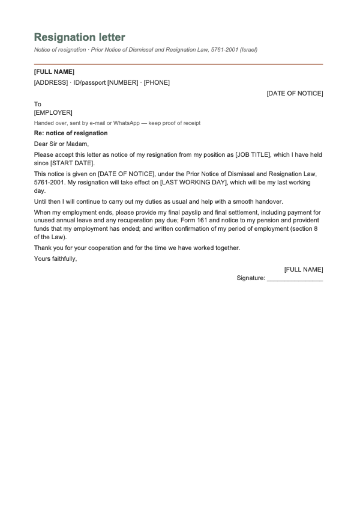 Resignation letter for Israel: first page