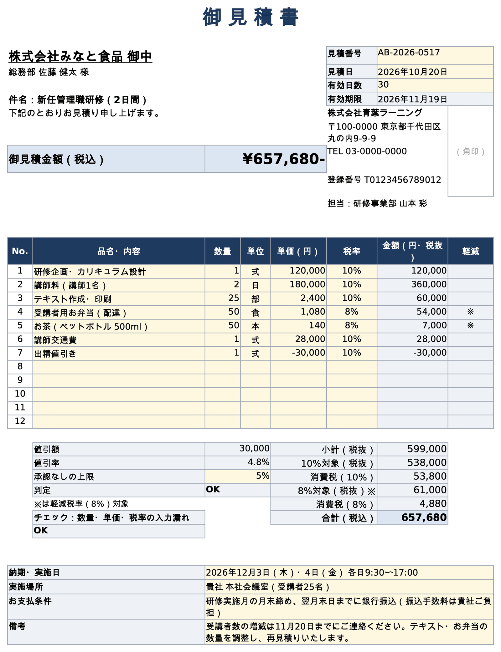 税率ごとに自動計算する見積書テンプレート: first page