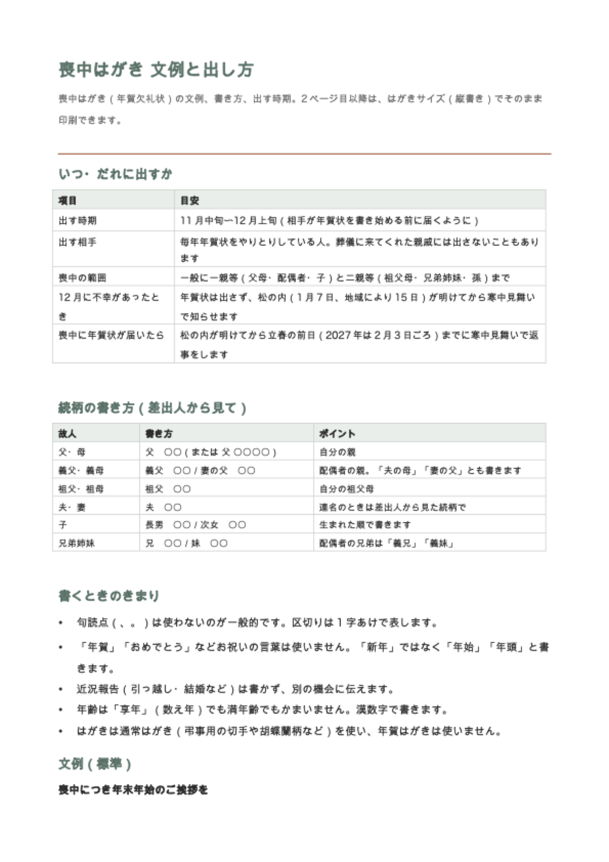 喪中はがき 文例: first page
