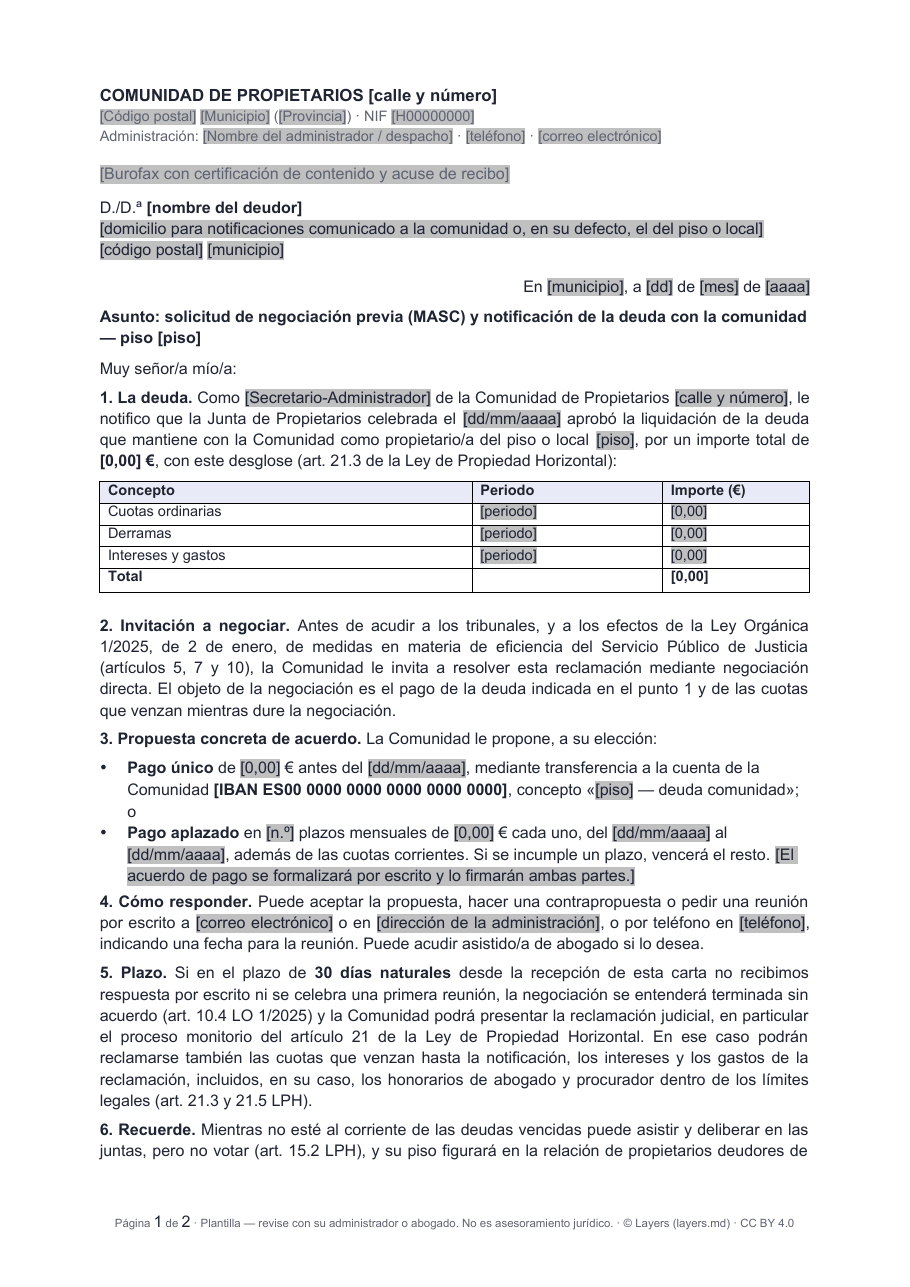 Primera página del modelo MASC: notificación de la deuda e invitación a negociar al propietario moroso
