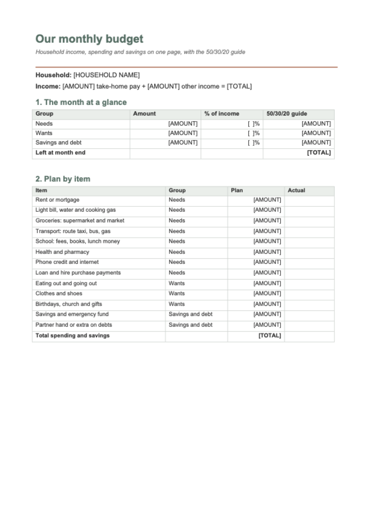 Monthly budget planner Jamaica: first page