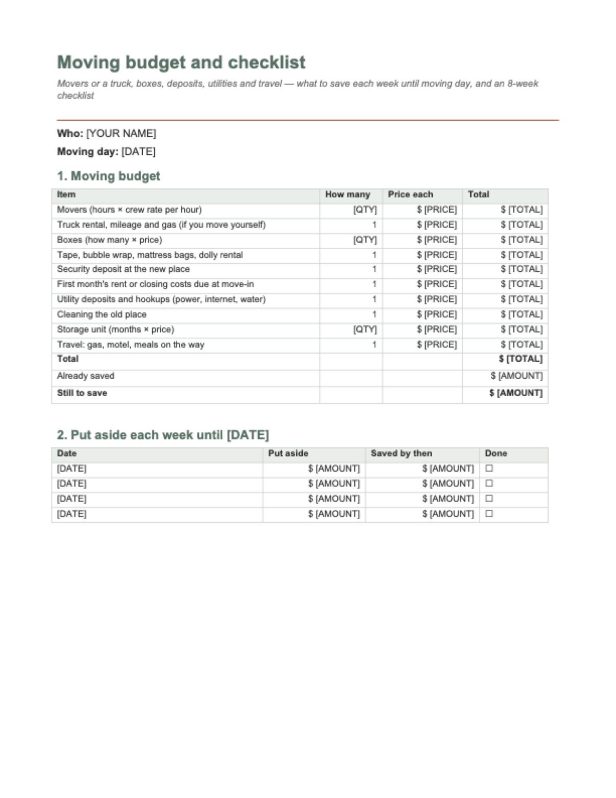Moving budget and checklist: first page