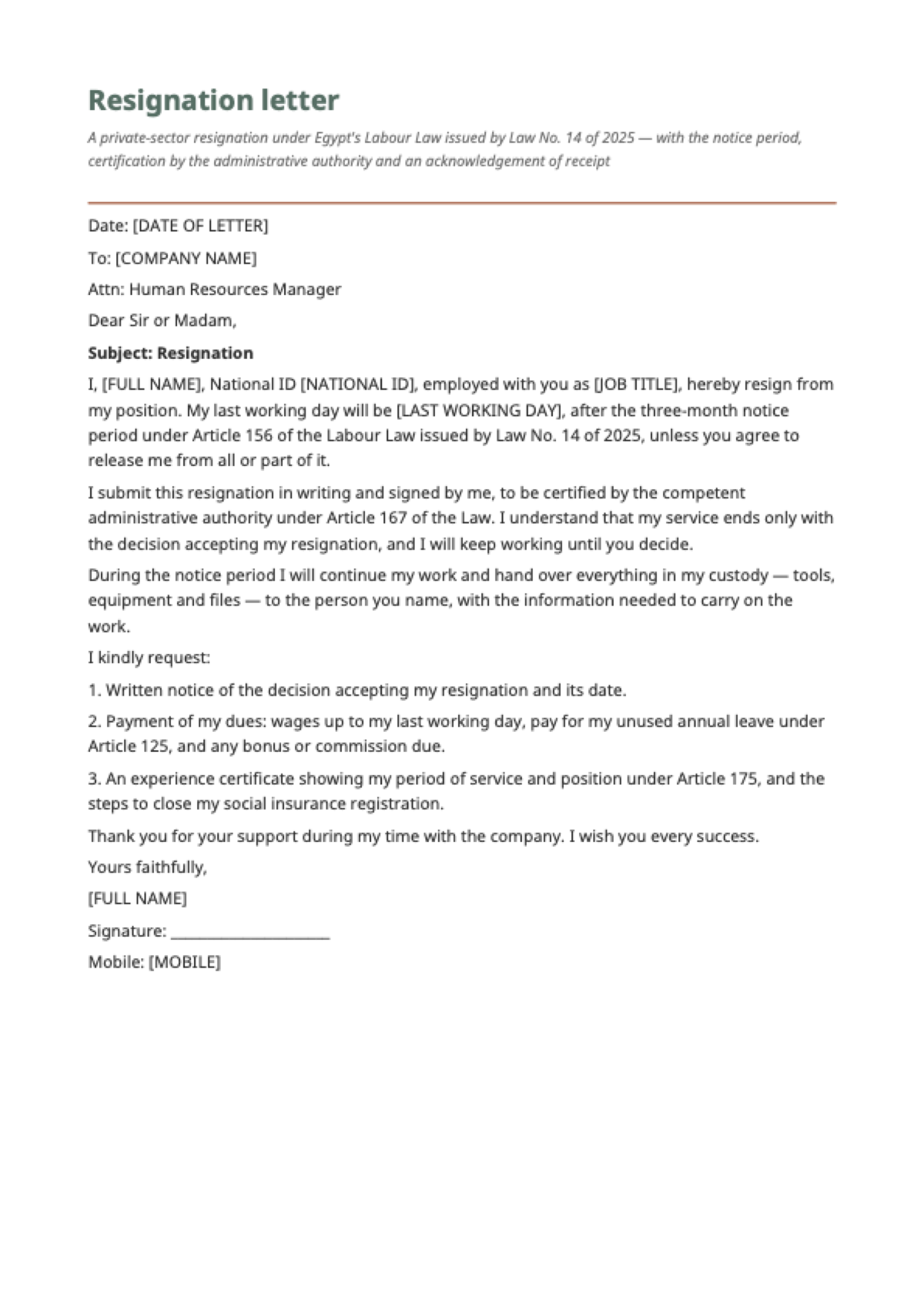 Resignation letter for Egypt: first page