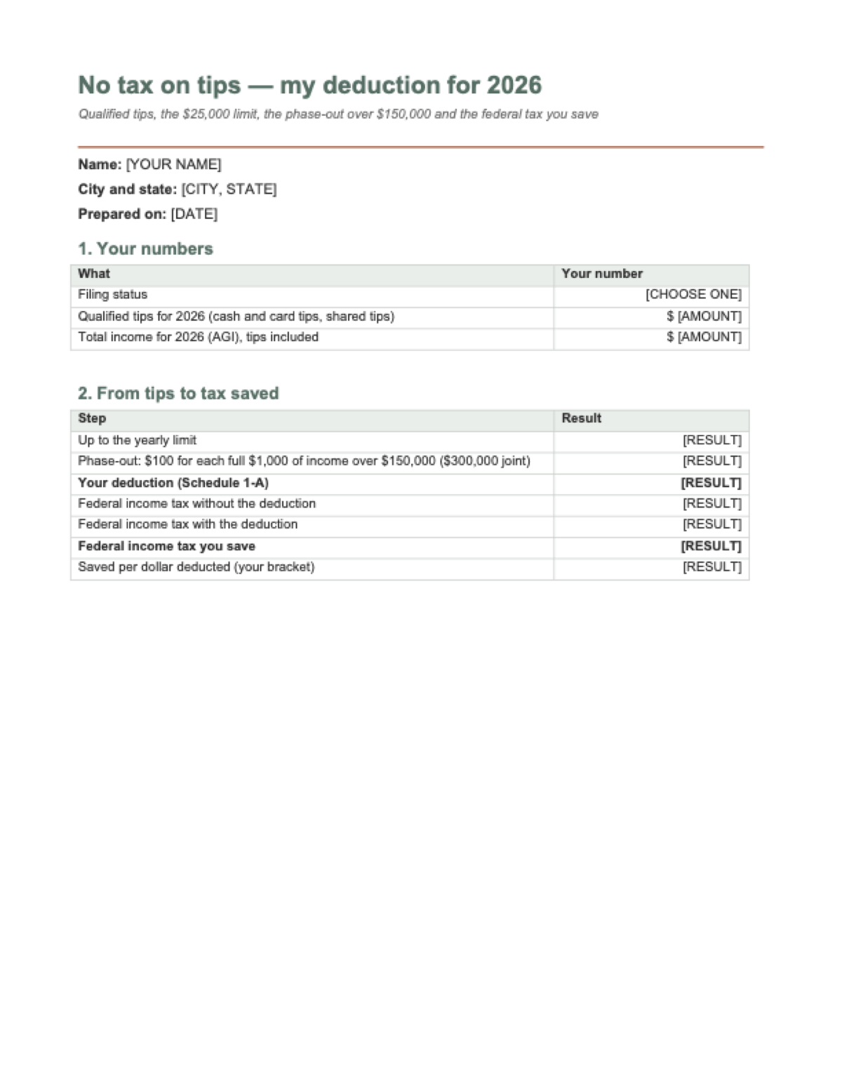 No tax on tips calculator: first page