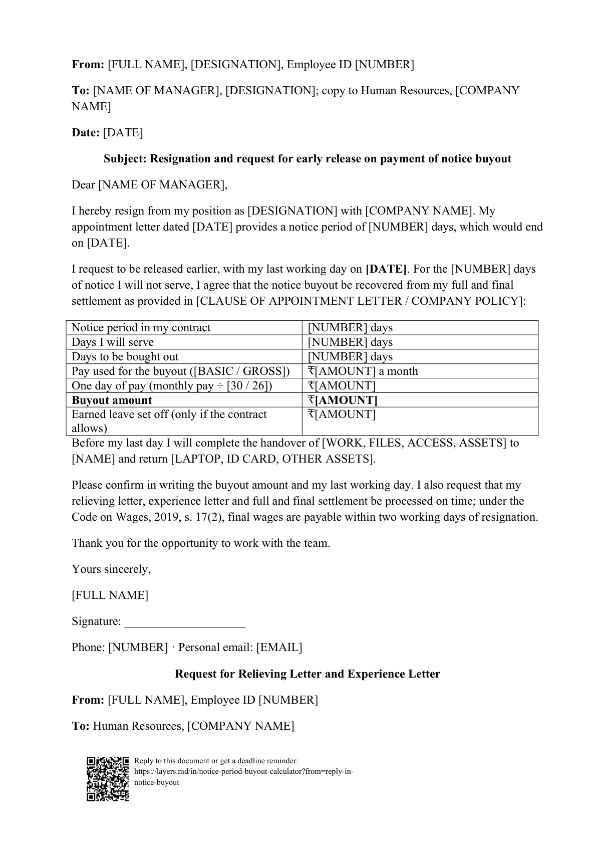 Notice period buyout calculator: first page