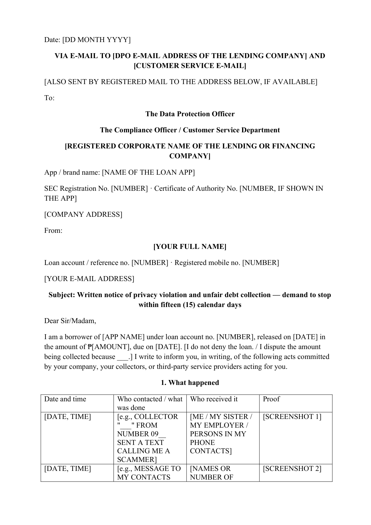 Online lending harassment: first page