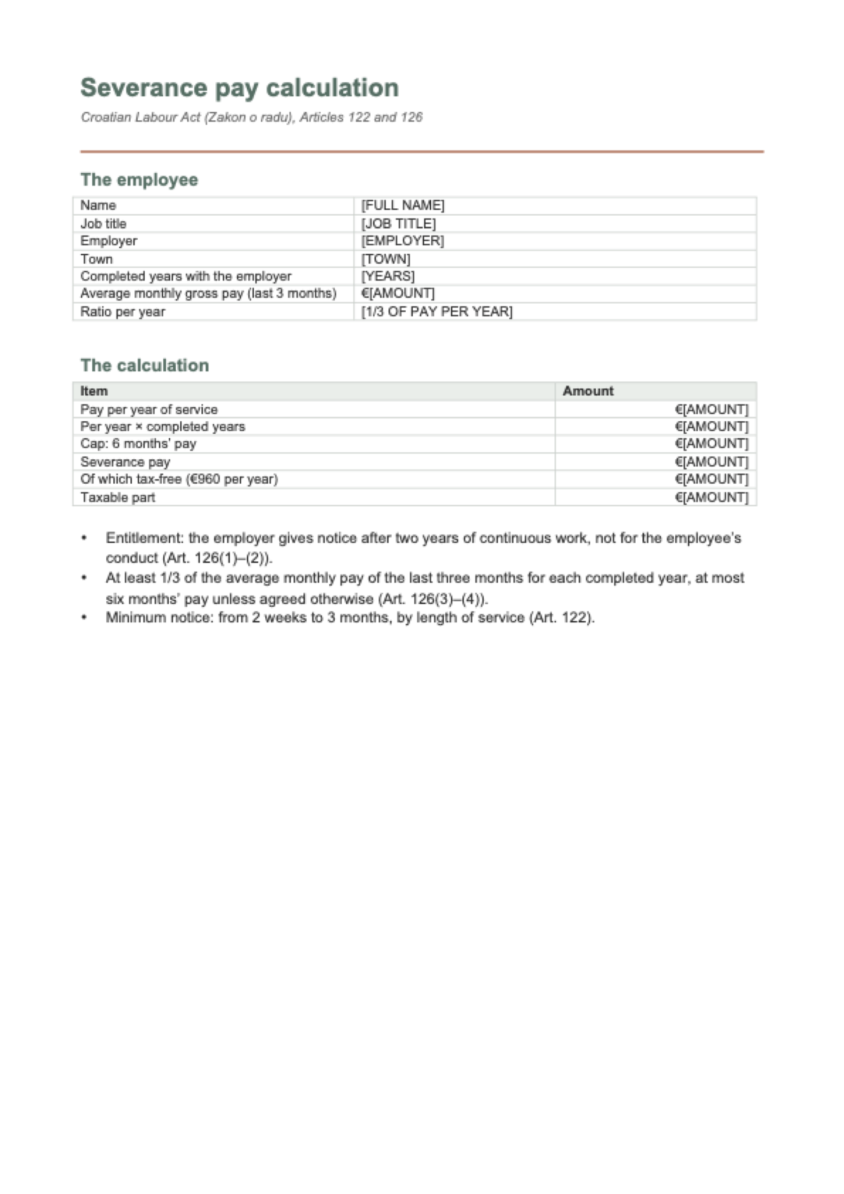 Severance pay calculator for Croatia: first page