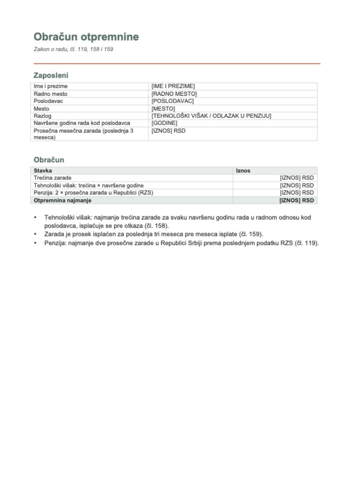Otpremnina kalkulator: first page