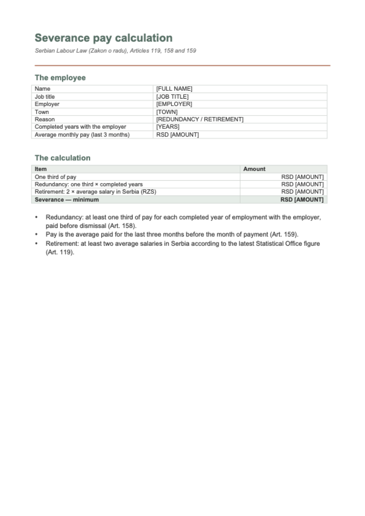 Severance pay calculator for Serbia: first page