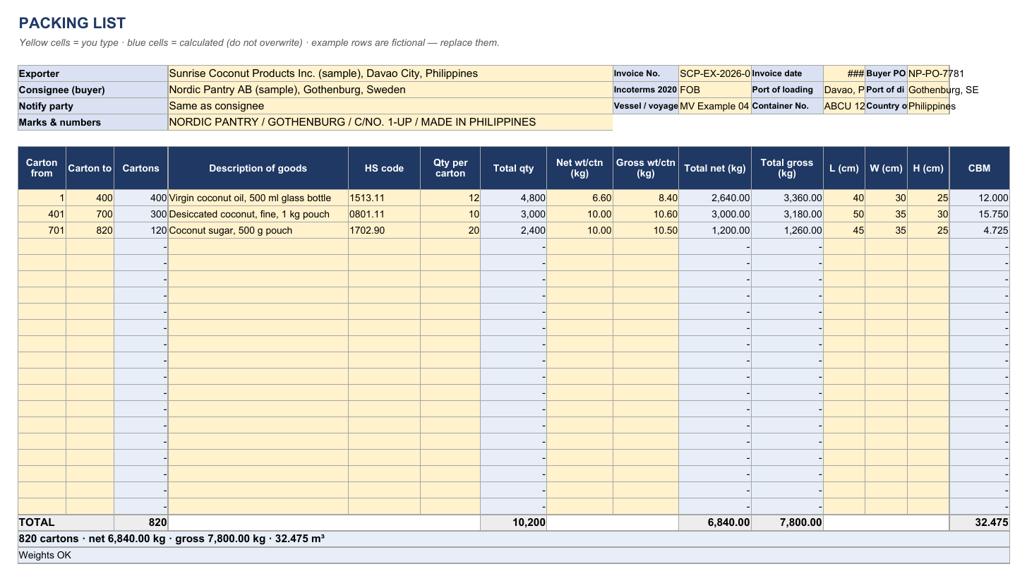 Packing list template: first page