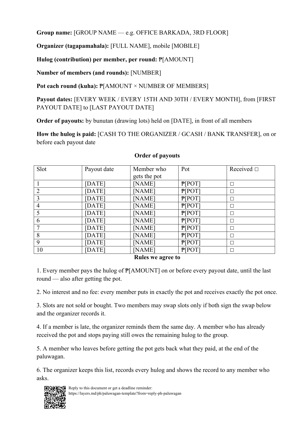 Paluwagan template: first page