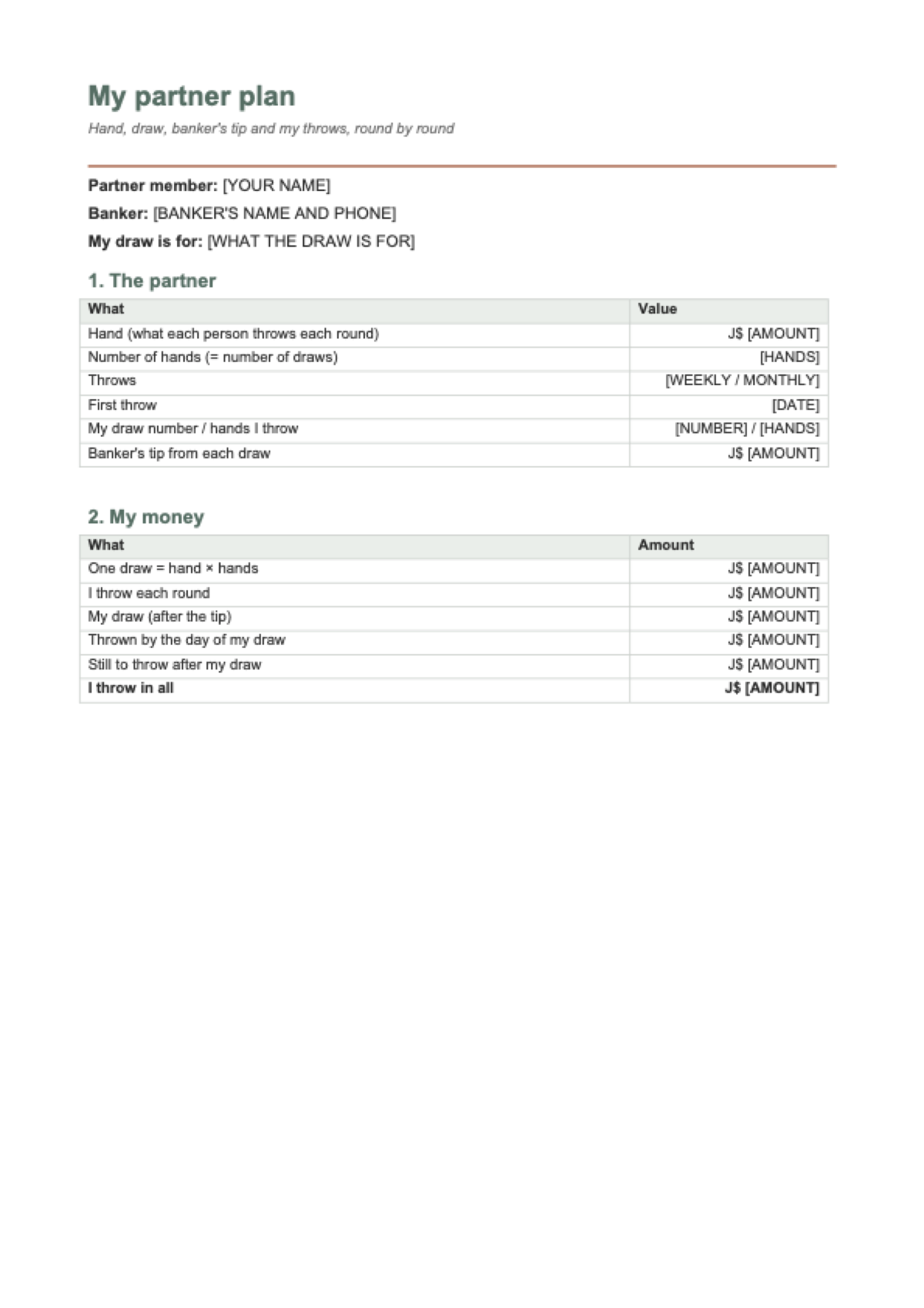Partner plan calculator: first page