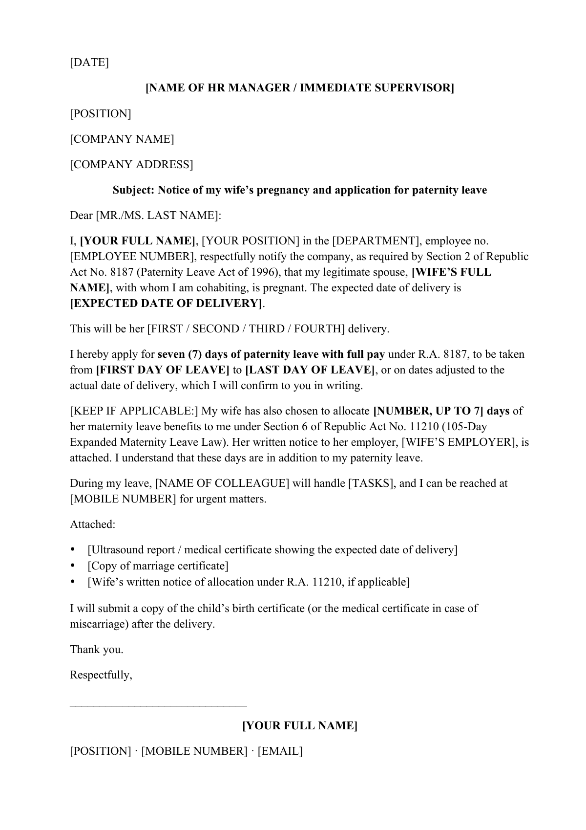 Paternity leave letter: first page