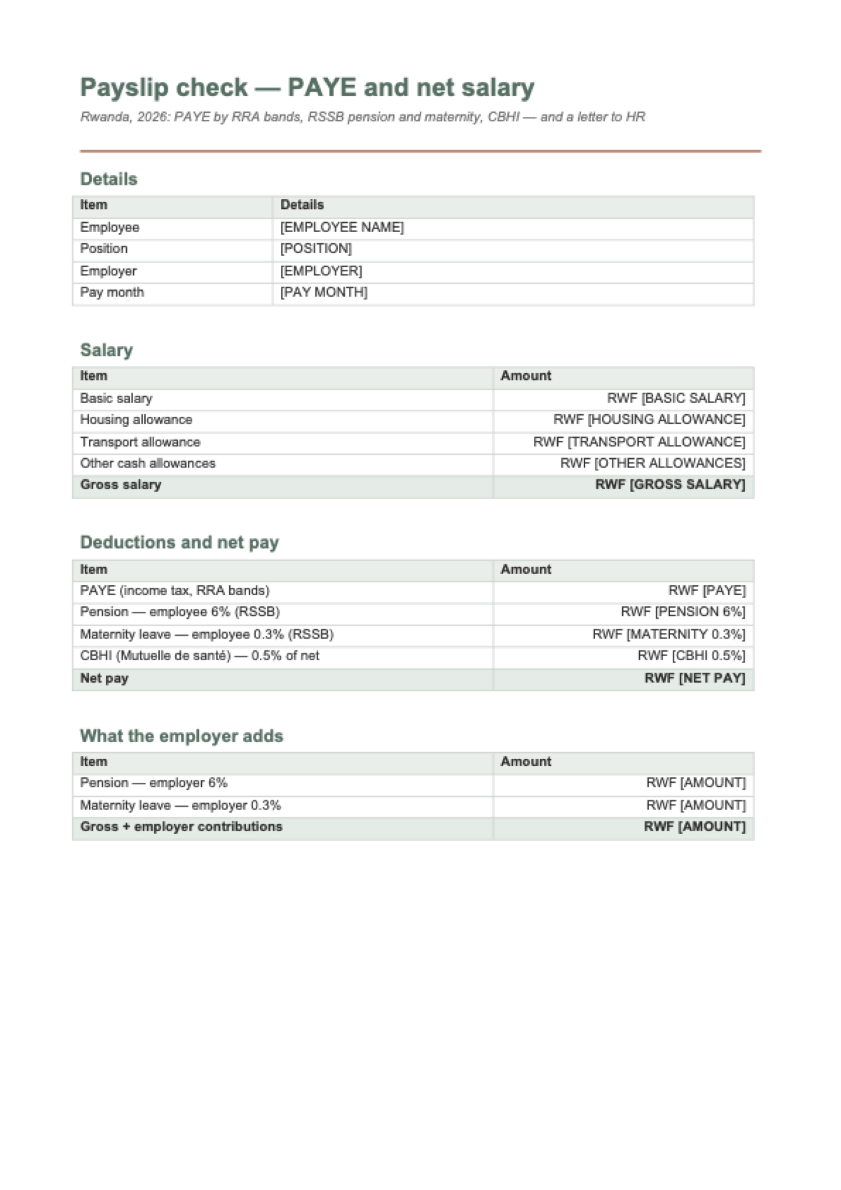 PAYE calculator Rwanda: first page