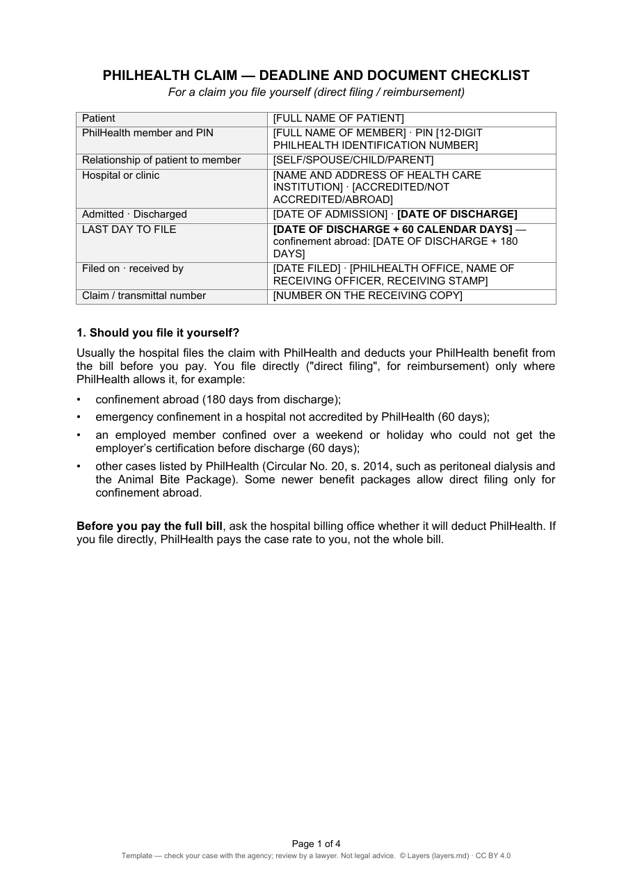 PhilHealth claim checklist and cover letter: first page