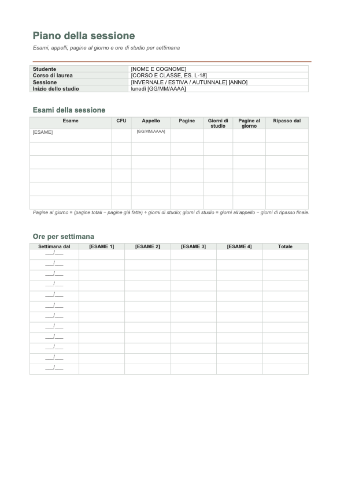Planner studio università: first page