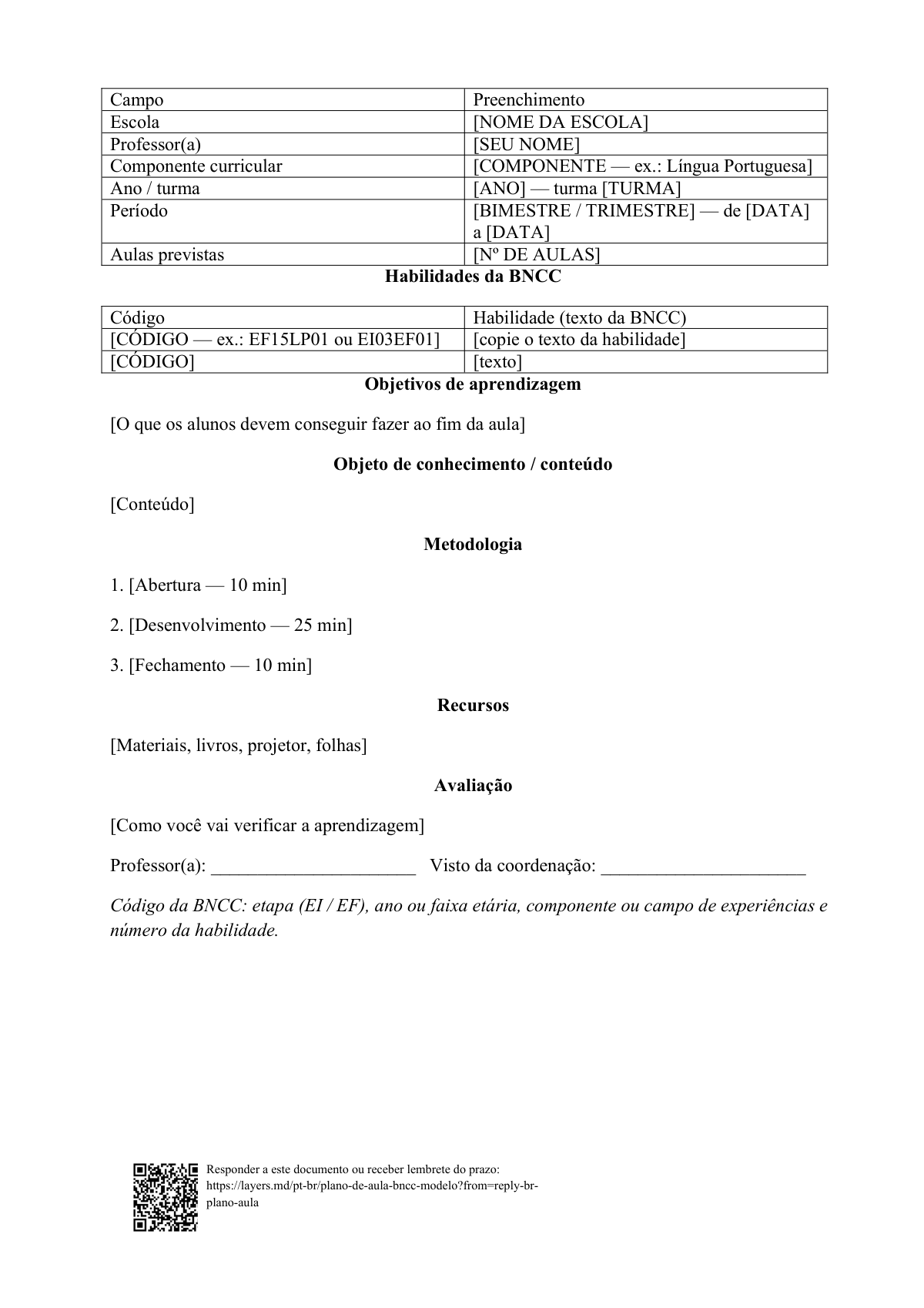 Plano de aula BNCC — modelo pronto: first page