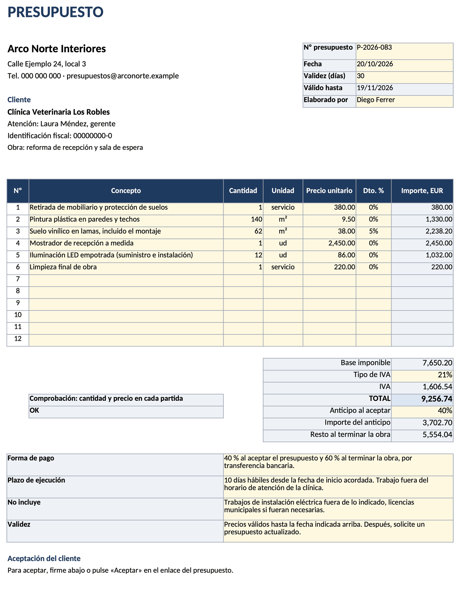 Plantilla de presupuesto que calcula y se envía por enlace: first page