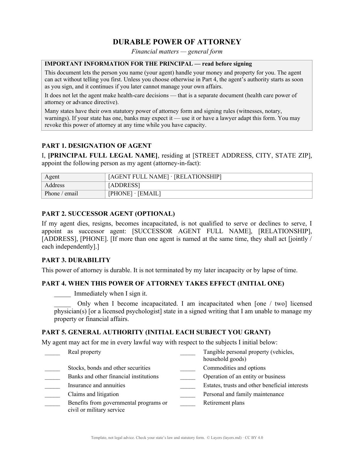 Form for power of attorney: first page