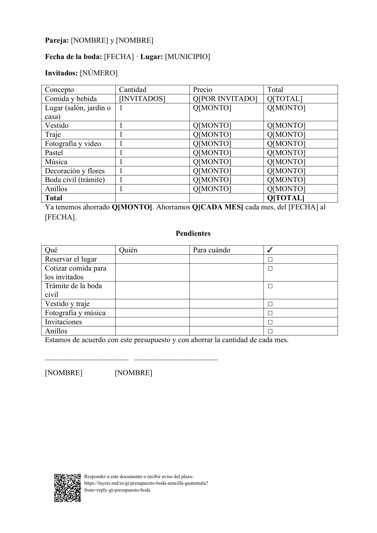Presupuesto de boda sencilla: first page