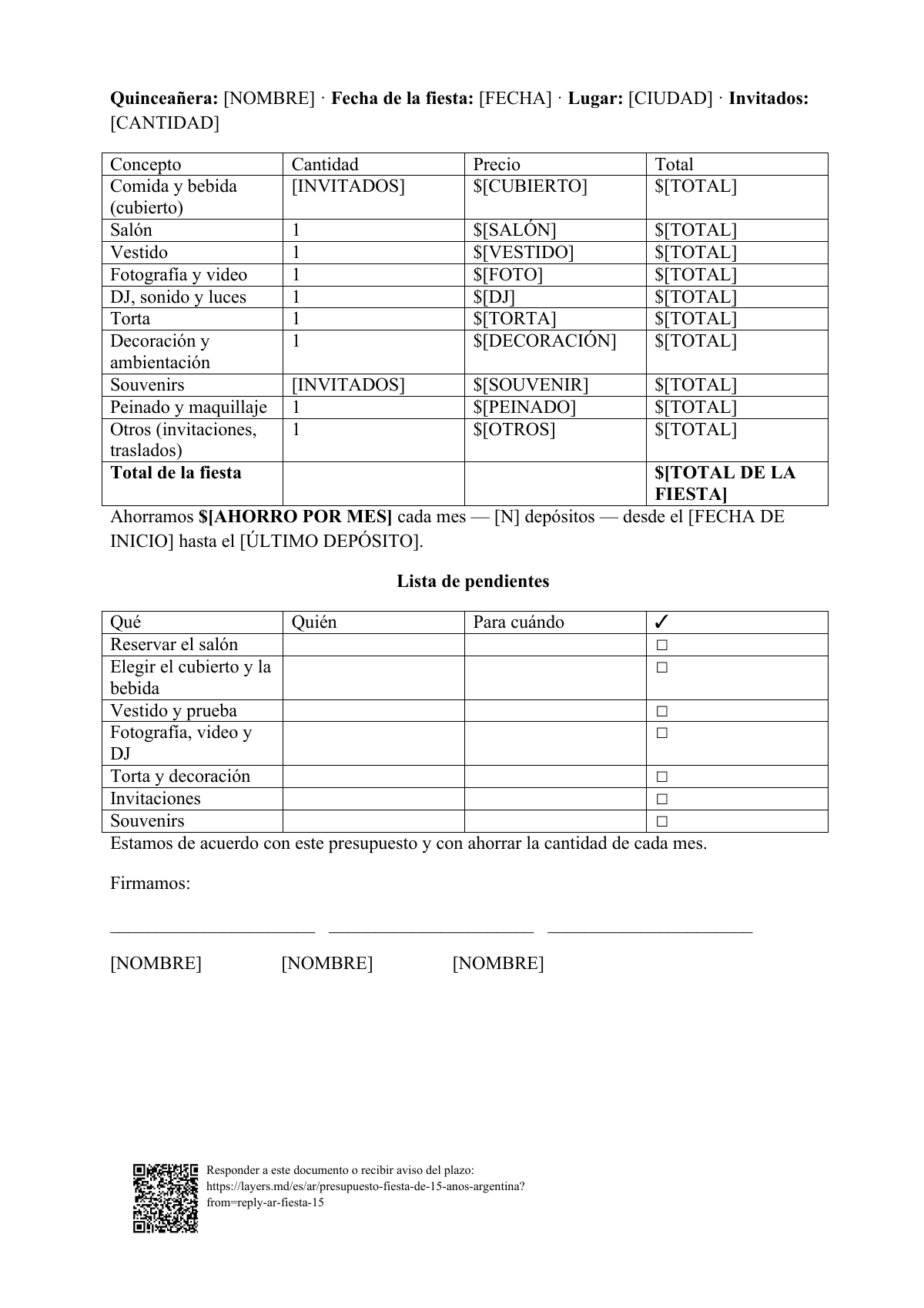 Presupuesto de la fiesta de 15: first page