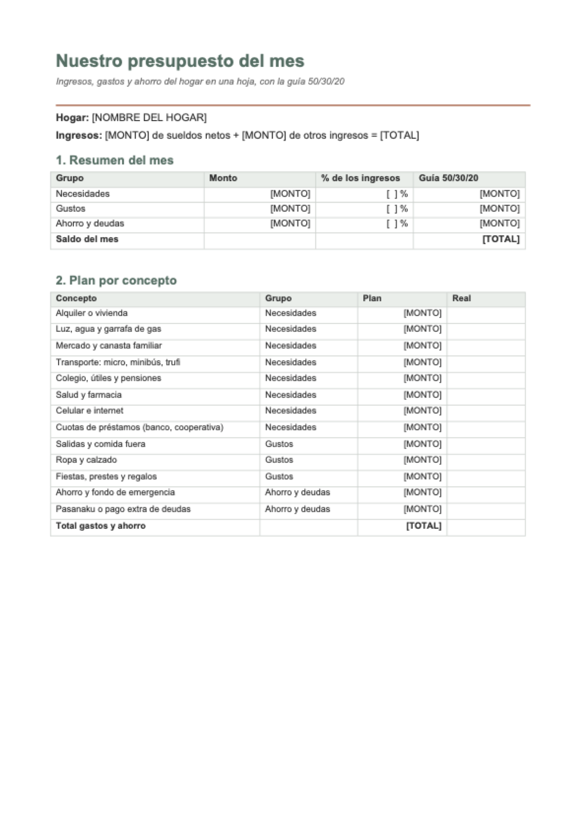 Presupuesto mensual familiar: first page