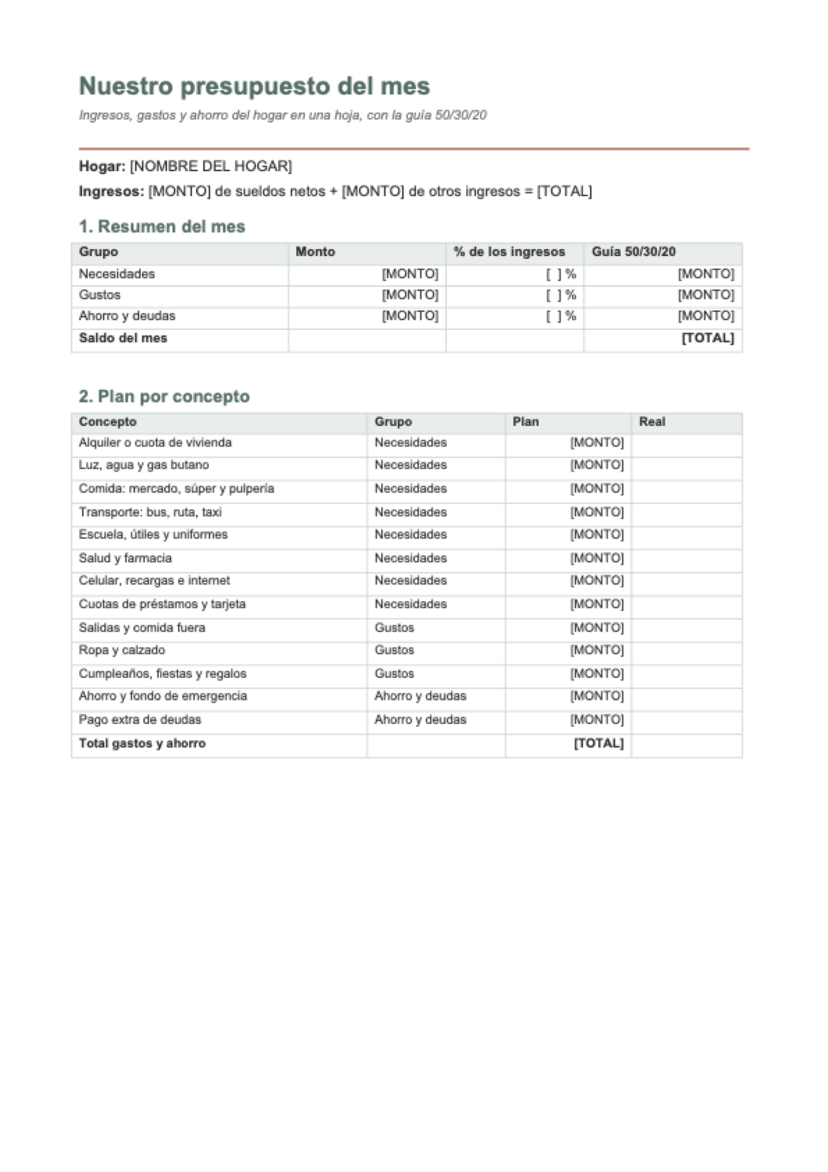 Presupuesto mensual familiar: first page