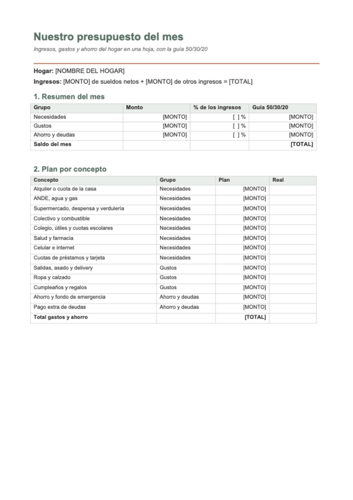Presupuesto mensual familiar: first page