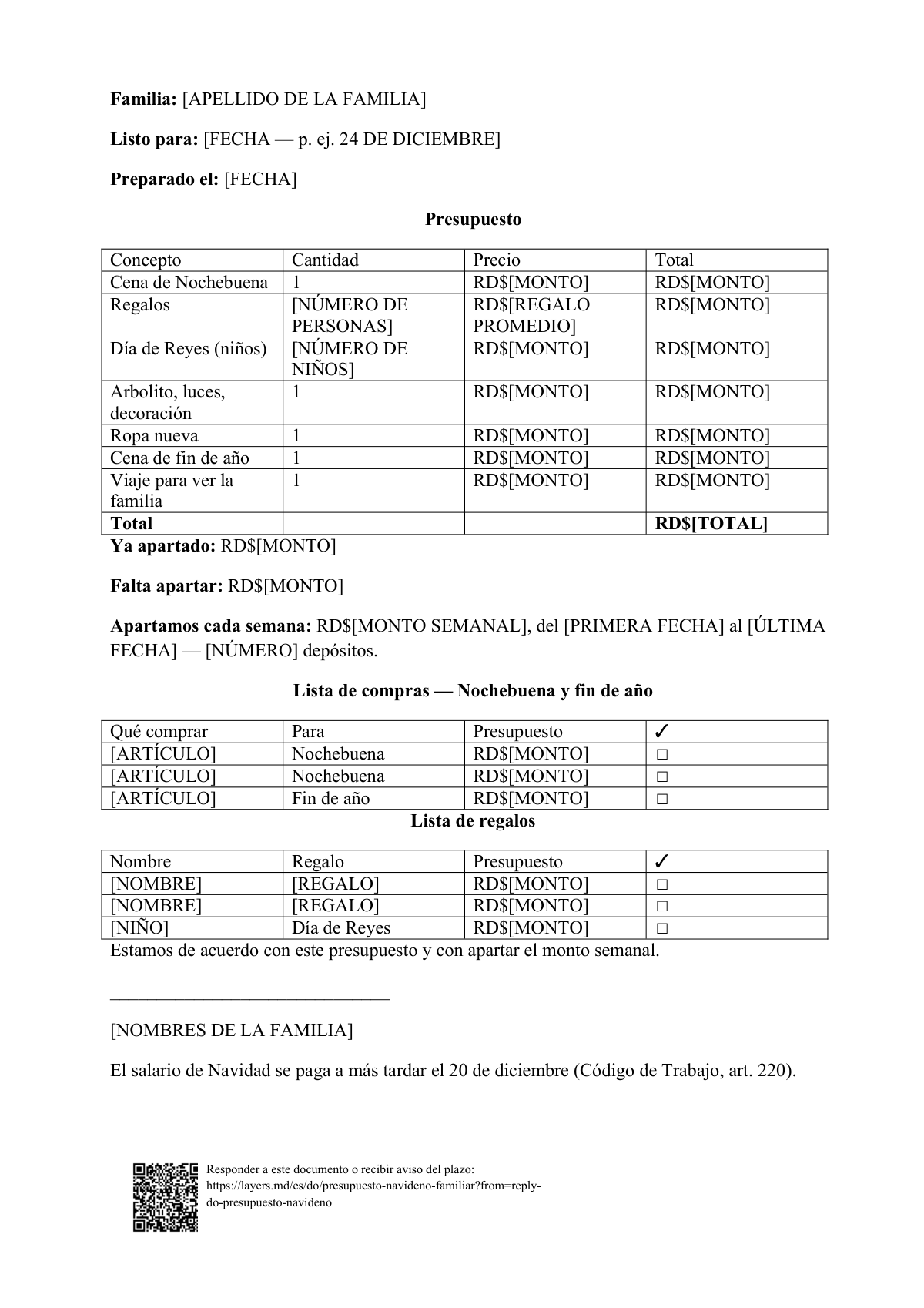 Presupuesto navideño familiar: first page